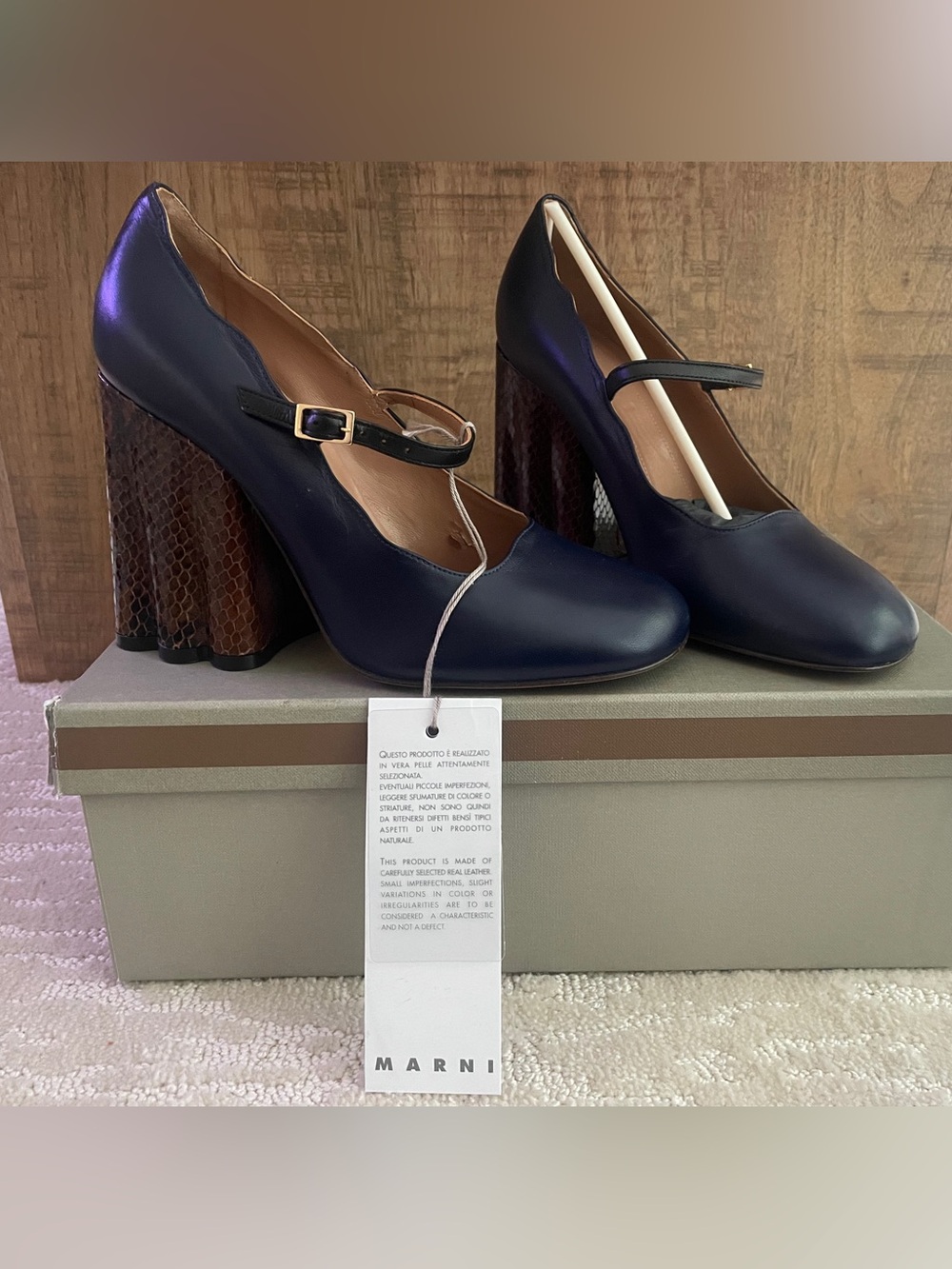 Marni Navy Leather Mary Jane Heels with Textured Brown Block Heel